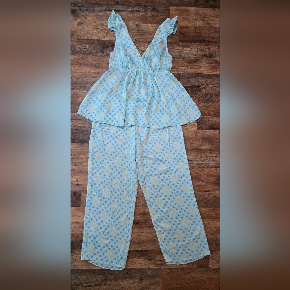 Vintage 90's Betsy Johnson Intimates Blue & Yellow Polka Dot 2-Piece Set Size L